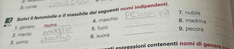 conte 
7. nubile 
2 Scrivi il femminile o il maschile dei seguenti nomi indipendenti. 
1. genero nuora_ 4. maschio_ 
_ 
8. madrina 
_ 
2. marito _5. fuco_ 
_ 
9. pecora 
3. uomo _6. suora