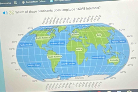 Bookarks Rocket Math Online...
Which of these continents does longitude 160°E intersect?
20°N
20°S