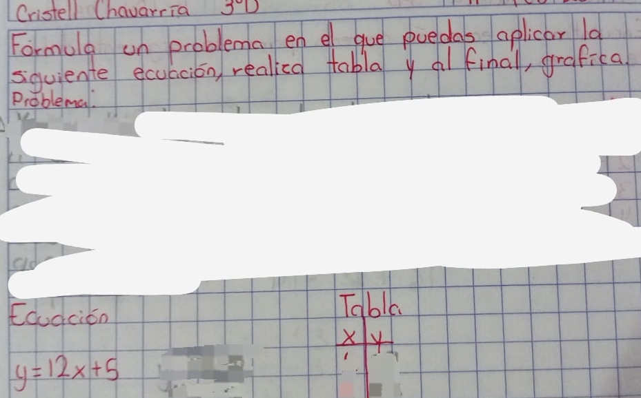 Cristell Chavarria 3 D 
Formula un problema en el gue puedas aplicar 1a 
squiente ecuccion realied tabla y al finall, grafical 
Problemal. 
Cdudcion
beginarrayr Tabla * y hline endarray
y=12x+5