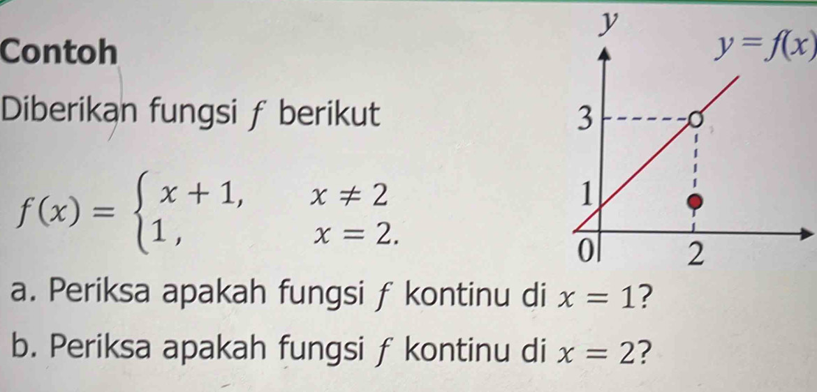 Contoh y=f(x)
Diberikan fungsi f berikut
f(x)=beginarrayl x+1,x!= 2 1,x=2.endarray.
a. Periksa apakah fungsi f kontinu di x=1 ? 
b. Periksa apakah fungsi f kontinu di x=2 ?