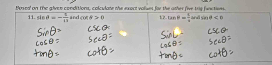 Based on the given conditions, calculate the exact values for the other five trig functions.