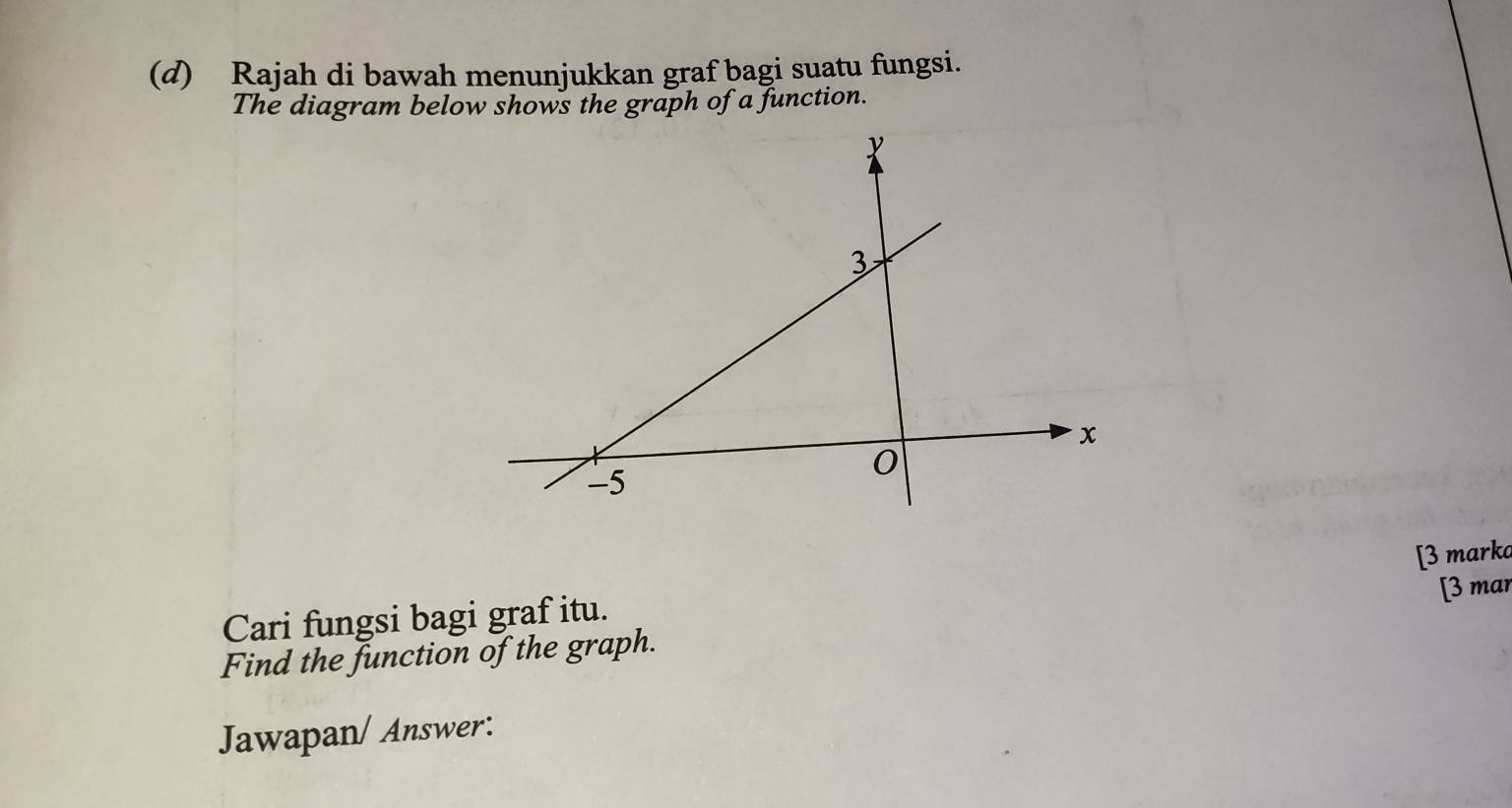 Rajah di bawah menunjukkan graf bagi suatu fungsi. 
The diagram below shows the graph of a function. 
[3 marko 
Cari fungsi bagi graf itu. 
Find the function of the graph. [3 mar 
Jawapan/ Answer: