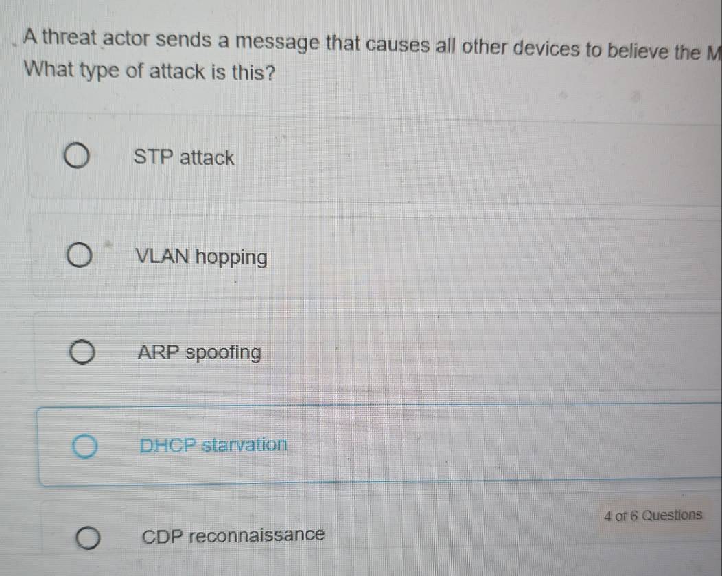 Solved: A threat actor sends a message that causes all other devices to ...