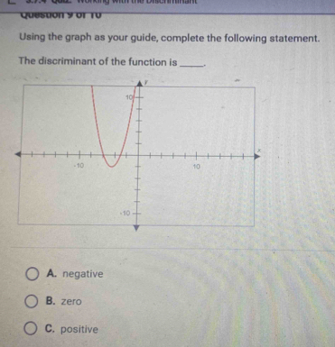 Queston 9 or r0
Using the graph as your guide, complete the following statement.
The discriminant of the function is_
A. negative
B. zero
C. positive