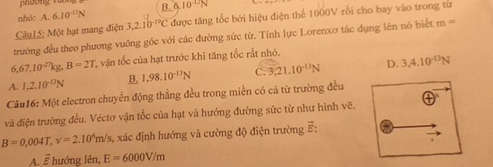 phường vàc
B. 6.10^(-12)N
nhỏ: A. 6.10^(-11)N
Câu15: Một hạt mang điện 3, 2.10^(-19)C được tăng tốc bởi hiệu điện thể 1000V rồi cho bay vào trong từ
trường đều theo phương vuông góc với các đường sức từ. Tính lực Lorenxơ tác dụng lên nó biết m=
6,67,10^(-27)kg, B=2T C vận tốc của hạt trước khi tăng tốc rất nhỏ.
A. 1,2.10^(-13)N B. 1,98.10^(-13)N C. 3, 21.10^(-13)N D. 3, 4.10^(-13)N
Câu16: Một electron chuyển động thẳng đều trong miền có cả từ trường đều
4.7
và điện trường đều. Véctơ vận tốc của hạt và hướng đường sức từ như hình vẽ.
B=0,004T, v=2.10^6m/s , xác định hướng và cường độ điện trường E:
A. overline E hướng lên, E=6000V/m