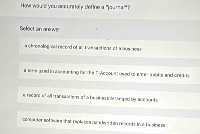 How would you accurately define a "journal"?
Select an answer:
a chronological record of all transactions of a business
a term used in accounting for the T -Account used to enter debits and credits
a record of all transactions of a business arranged by accounts
computer software that replaces handwritten records in a business