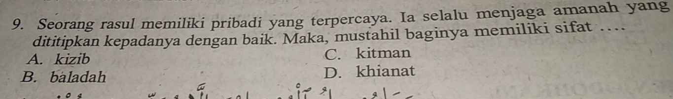 Seorang rasul memiliki pribadi yang terpercaya. Ia selalu menjaga amanah yang
dititipkan kepadanya dengan baik. Maka, mustahil baginya memiliki sifat ….
A. kizib C. kitman
B. baladah D. khianat