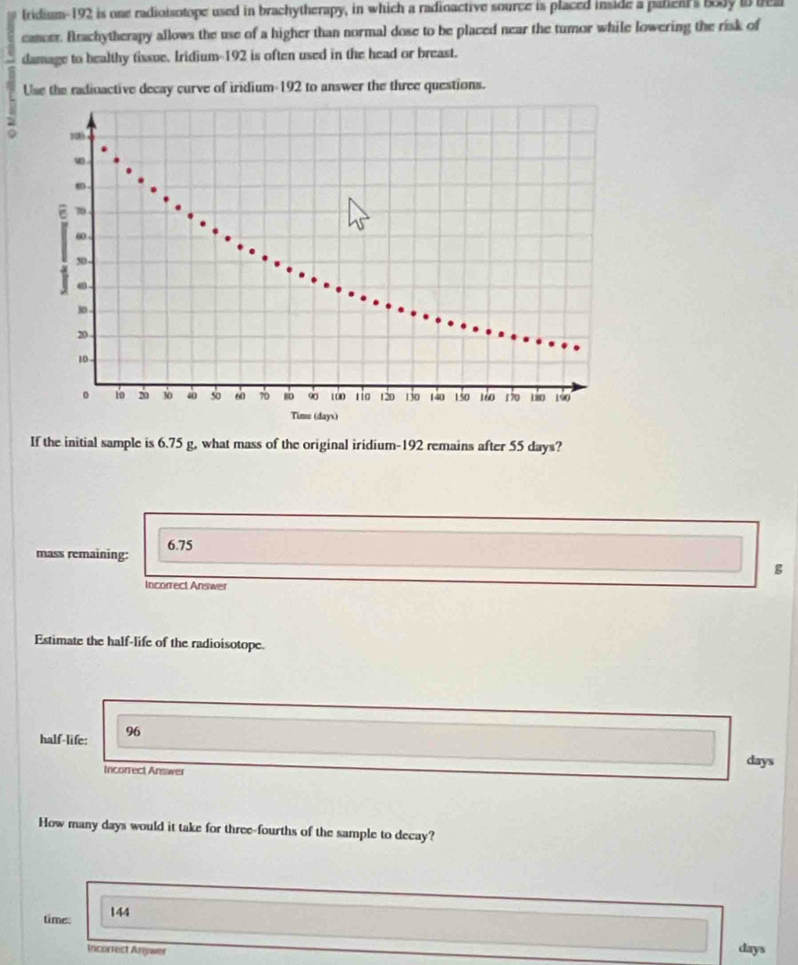 Iridium- 192 is one radioisotope used in brachytherapy, in which a radioactive source is placed inside a palienr's Body io bea 
cancer. Brachytherapy allows the use of a higher than normal dose to be placed near the tumor while lowering the risk of 
damage to healthy tissue. Iridium- 192 is often used in the head or breast. 
7 
If the initial sample is 6.75 g, what mass of the original iridium- 192 remains after 55 days? 
mass remaining: 6.75
g
Incorrect Answer 
Estimate the half-life of the radioisotope. 
half-life: 96
Incorrect Answer
days
How many days would it take for three-fourths of the sample to decay? 
time: 144
Incorrest Anywer
days
