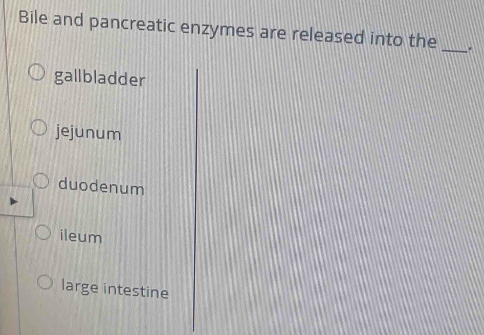 Bile and pancreatic enzymes are released into the _.
gallbladder
jejunum
duodenum
ileum
large intestine