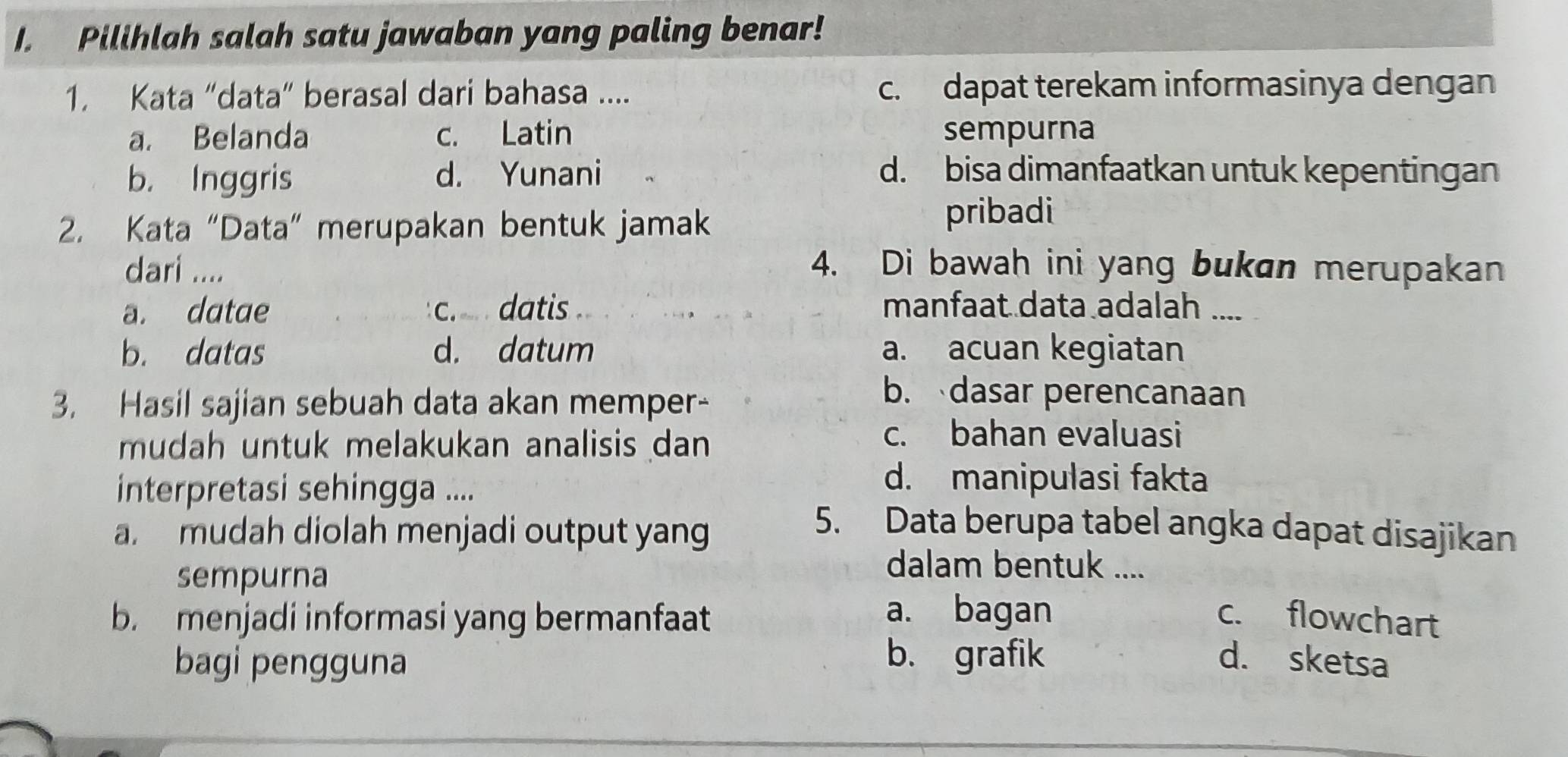 Pilihlah salah satu jawaban yang paling benar!
1. Kata “data” berasal dari bahasa .... c. dapat terekam informasinya dengan
a. Belanda c. Latin sempurna
b. Inggris d. Yunani d. bisa dimanfaatkan untuk kepentingan
2. Kata “Data” merupakan bentuk jamak
pribadi
dari ....
4. Di bawah ini yang bukan merupakan
a. datae c. datis . manfaat data adalah ....
b. datas d. datum a. acuan kegiatan
3. Hasil sajian sebuah data akan memper-
b. dasar perencanaan
mudah untuk melakukan analisis dan
c. bahan evaluasi
interpretasi sehingga ....
d. manipulasi fakta
a. mudah diolah menjadi output yang
5. Data berupa tabel angka dapat disajikan
sempurna
dalam bentuk ....
a. bagan
b. menjadi informasi yang bermanfaat c. flowchart
b. grafik
bagi pengguna d. sketsa