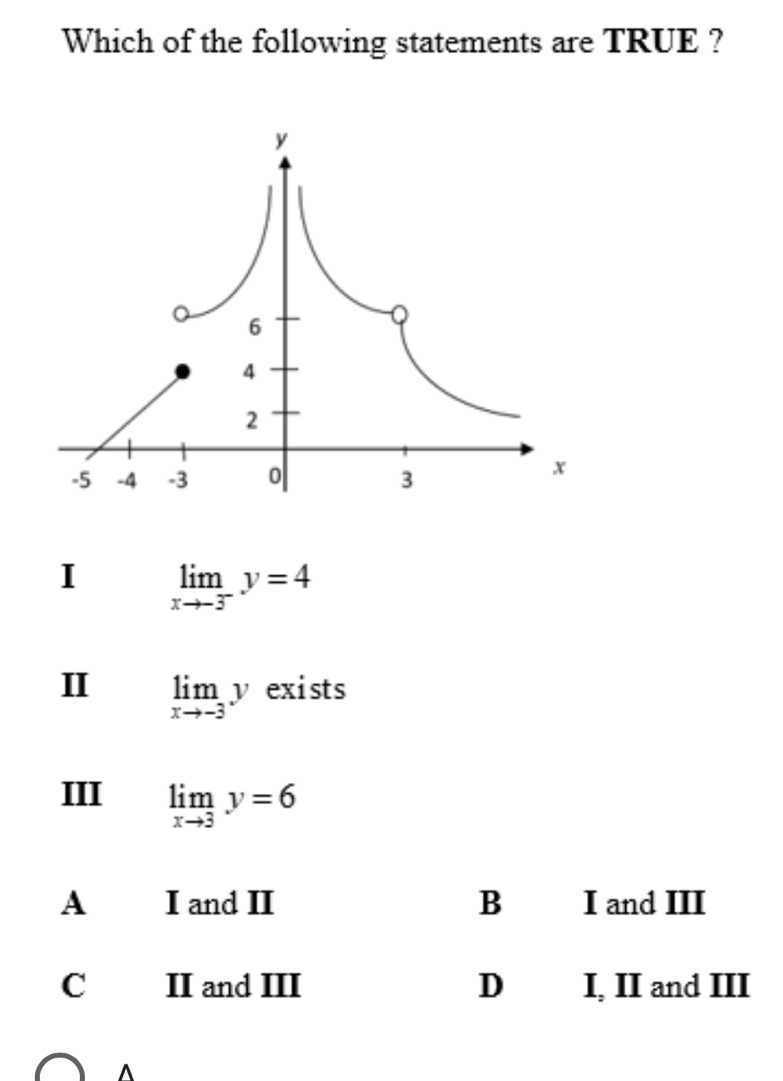 Which of the following statements are TRUE ?
I limlimits _xto -3^-y=4
II limlimits _xto -3y exists
III limlimits _xto 3y=6
A I and II B I and III
C II and III D I, II and III
^