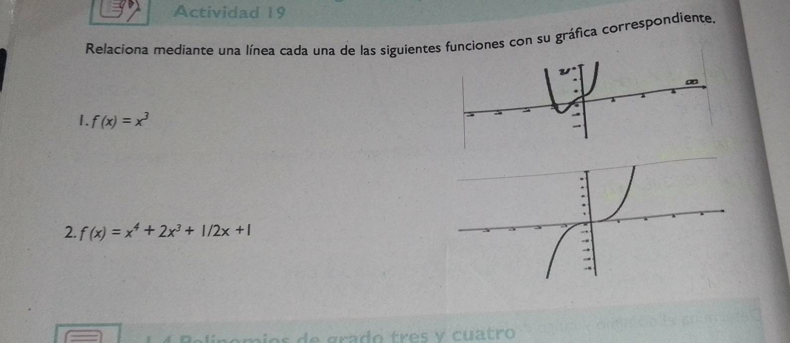 Actividad 19 
Relaciona mediante una línea cada una de las siguienteunciones con su gráfica correspondiente. 
1. f(x)=x^3
2. f(x)=x^4+2x^3+1/2x+1
amios de grado tres y cuatro