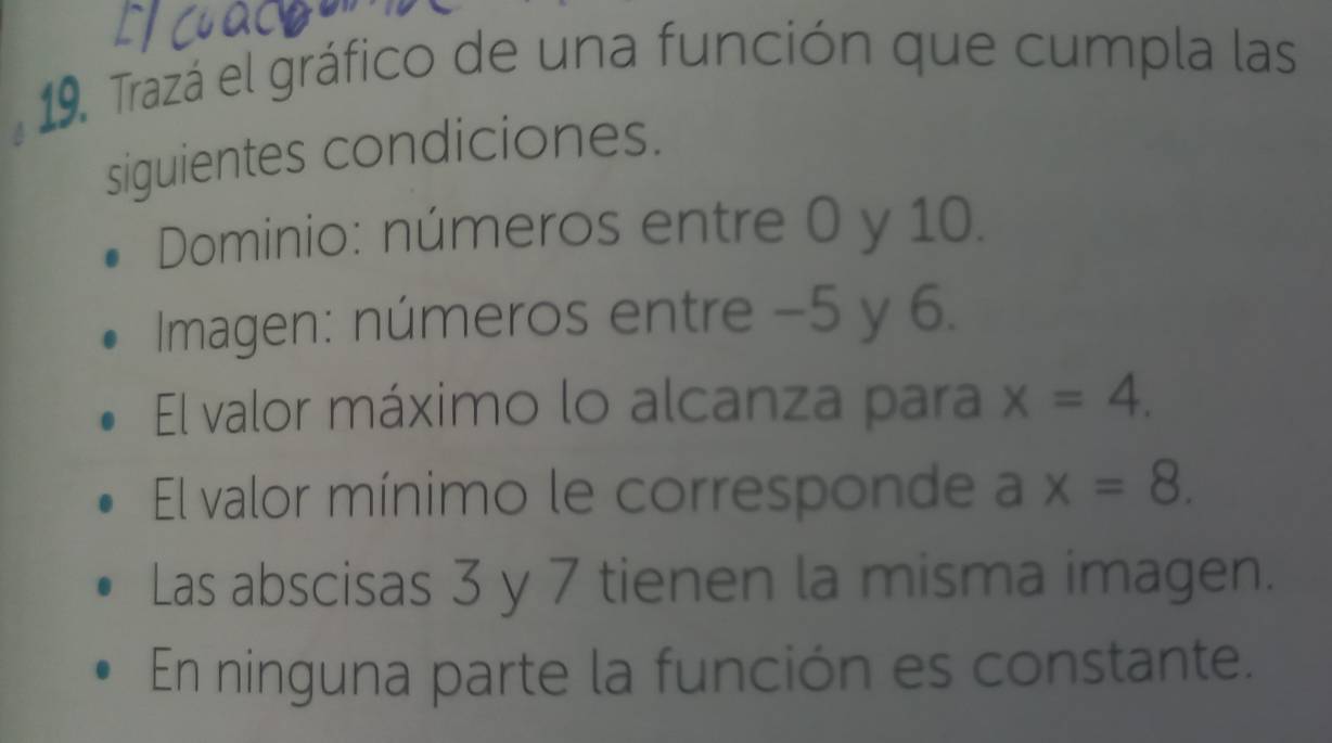 Trazá el gráfico de una función que cumpla las 
siguientes condiciones. 
Dominio: números entre 0 y 10. 
Imagen: números entre −5 y 6. 
El valor máximo lo alcanza para x=4. 
El valor mínimo le corresponde ax=8. 
Las abscisas 3 y 7 tienen la misma imagen. 
En ninguna parte la función es constante.