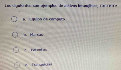 Los siguientes son ejemplos de activos intangibles, EXCEPTO:
a. Equipo de cómputo
b. Marcas
c. Patentes
d. Franquicias