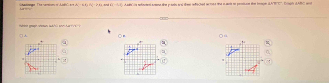 Challenge The vertices of △ ABC are A(-4,4), B(-2,4) , and C(-5,2) △ ABC is reffected across the y-axis and then reffected across the x-axis to produce the image △ A'B'C' Geaph △ ABC and
△ A'B'C
Which graph shows △ ABC and △ A'B'C 7
A. C.
B.