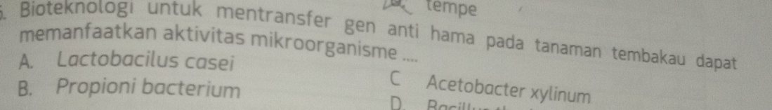 tempe
. Bioteknologi untuk mentransfer gen anti hama pada tanaman tembakau dapat
memanfaatkan aktivitas mikroorganisme ....
A. Lactobacilus casei
C Acetobacter xylinum
B. Propioni bacterium D Bacill