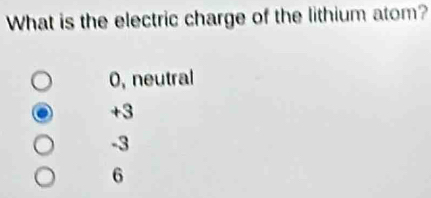 What is the electric charge of the lithium atom?
O, neutral
+3
-3
6