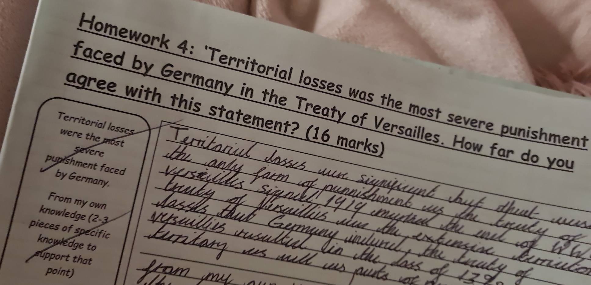 Homework 4: 'Territorial losses was the most severe punishment 
faced by Germany in the Treaty of Versailles. How far do you 
agree with this statement? (16 marks) 
Territorial losses 
were the most_ 
severe 
_ 
_ 
punishment faced 
by Germany. 
_ 
_ 
From my own_ 
_ 
knowledge (2-3_ 
_ 
pieces of specific 
_ 
_ 
knowledge to 
_ 
support that 
point) 
_ 
_ 
_ 
_