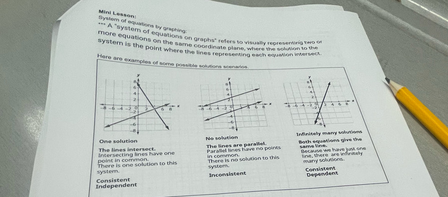 Mini Lesson: System of equations by graphing:
*** A "system of equations on graphs" refers to visually representing two o
more equations on the same coordinate plane, where the solution to the
system is the point where the lines representing each equation intersect
Here are examples of some possible solutions scenarios

One solution No solution Infinitely many solutions
Intersecting lines have one The lines are parallel. Both equations give the
The lines intersect. same line.
Parallel lines have no points
point in common. line, there are infinitely
There is one solution to this in common. Because we have just one
system. system. There is no solution to this many solutions.
Consistent Inconsistent Consistent
Independent Dependent