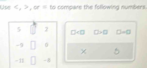 Use , , or = to compare the following numbers.
5 2 □ □ >□ □ =□
-9 □ 0
-11 -8