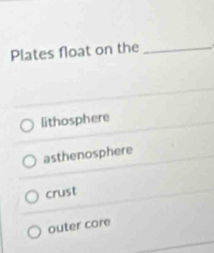 Plates float on the_
lithosphere
asthenosphere
crust
outer core