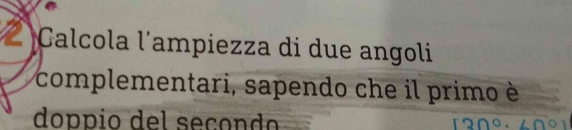 Calcola l'ampiezza di due angoli 
complementari, sapendo che il primo è 
doppio del seçondo 130°· 60°