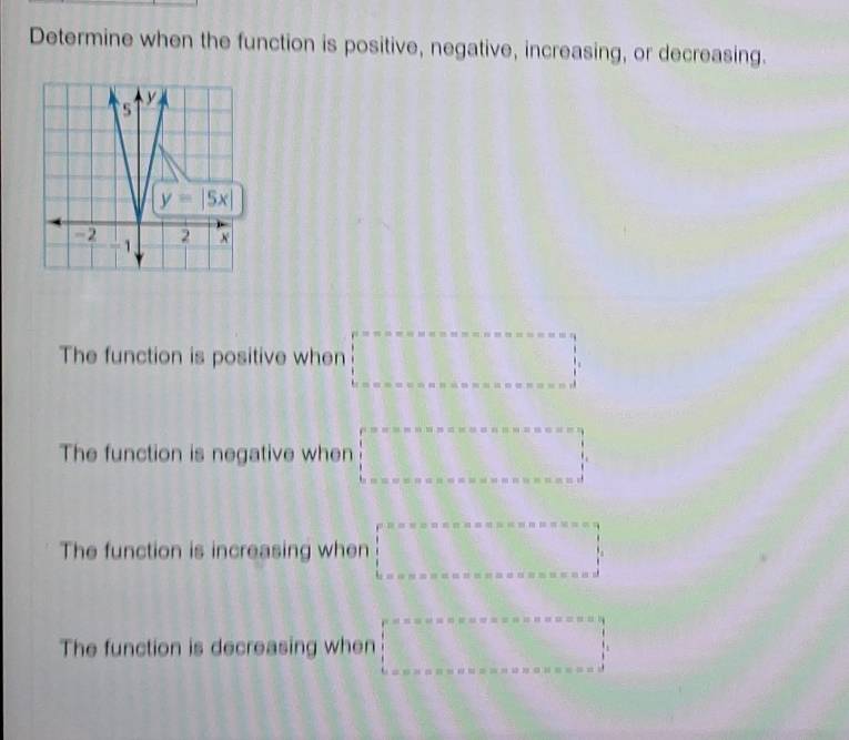 Determine when the function is positive, negative, increasing, or decreasing.
The function is positive when □°
The function is negative when □°
The function is increasing when □°
The function is decreasing when □°