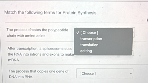 Match the following terms for Protein Synthesis.
The process creates the polypeptide [ Choose ]
chain with amino acids
transcription
translation
After transcription, a spliceosome cuts editing
the RNA into introns and exons to make
mRNA
The process that copies one gene of [ Choose ]
DNA into RNA.