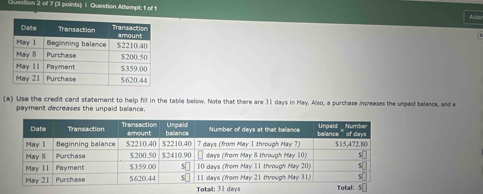 Question Attempt: 1 of 1 
Alda 
(a) Use the credit card statement to help fill in the table below. Note that there are 31 days in May. Also, a purchase increases the unpaid balance, and a 
payment decreases the unpaid balance.