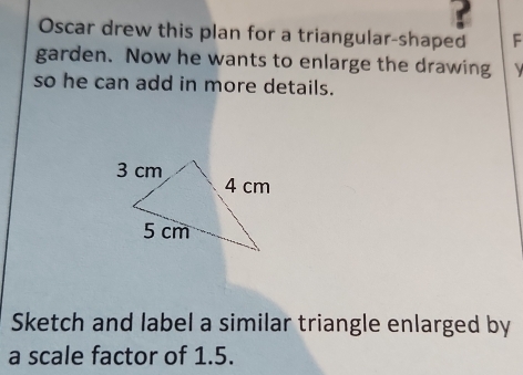 ? 
Oscar drew this plan for a triangular-shaped F 
garden. Now he wants to enlarge the drawing 
so he can add in more details. 
Sketch and label a similar triangle enlarged by 
a scale factor of 1.5.