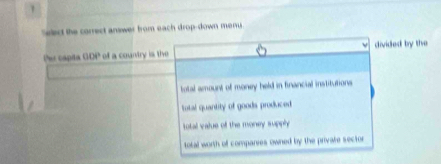 sect the correct answer from each drop-down menu
Per capia 00° of a country is the divided by the
total amount of money held in financial institutions
total quantity of goods produced.
total value of the money supply
total worth of companies owned by the private sector