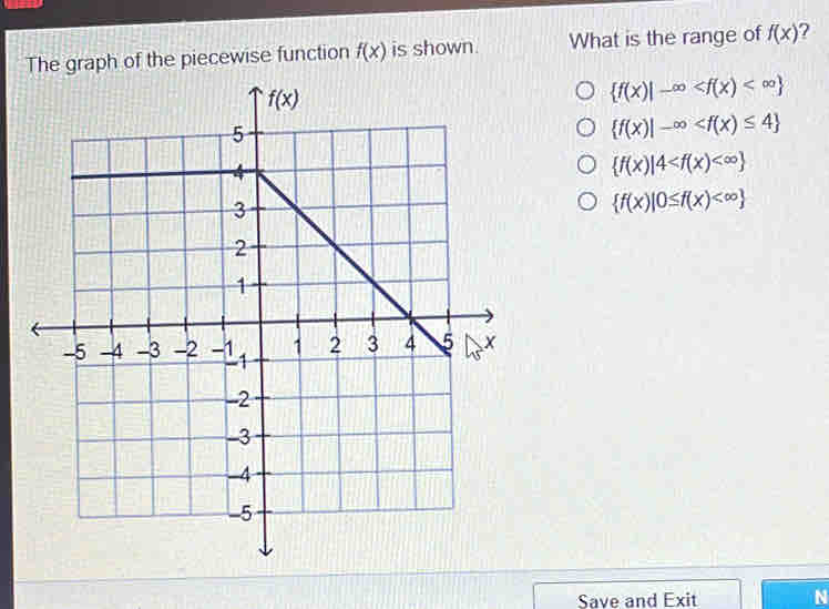 The graph of the piecewise function f(x) is shown. What is the range of f(x) ?
 f(x)|-∈fty
 f(x)|-∈fty
 f(x)|4
 f(x)|0≤ f(x)
Save and Exit N