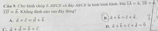 Cho hình chóp S. ABCD có đáy ABCD là hình bình hành. Đặt vector SA=vector a; vector SB=vector d
vector SD=vector b. Khẳng định nào sau đây đúng?
A. vector a+vector c=vector d+vector b.
B. vector a+vector b=vector c+vector d.
C. vector a+vector d=vector b+vector c. D. vector a+vector b+vector c+vector d=vector 0