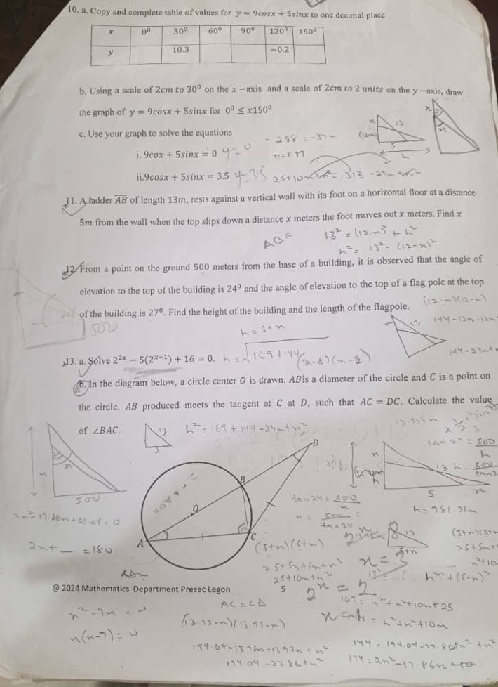 Solved: Copy and complete table of values for y=9cos x+5 sinx to one ...