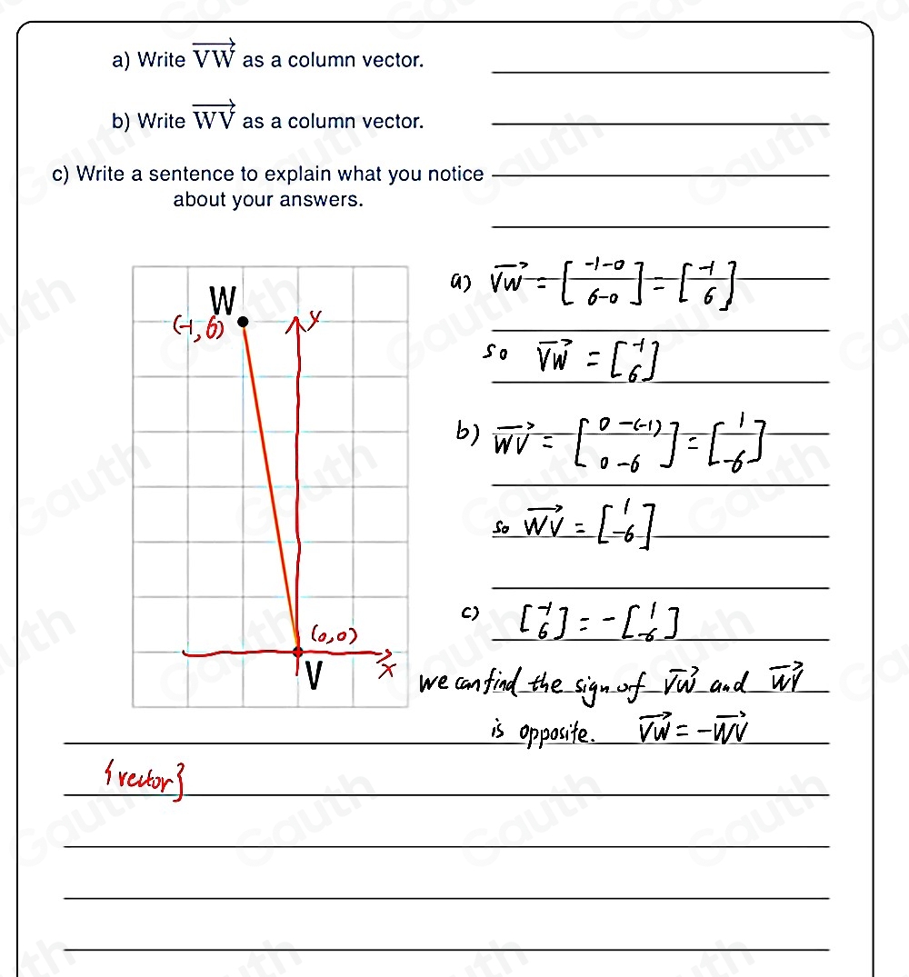 Solved: Write vector VW as a column vector. b) Write vector WV as a ...
