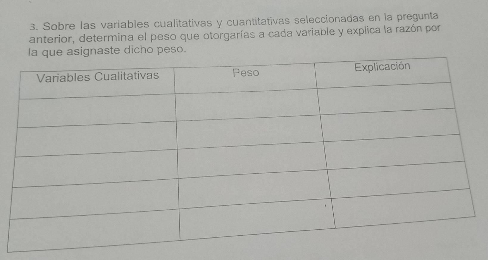 Sobre las variables cualitativas y cuantitativas seleccionadas en la pregunta 
anterior, determina el peso que otorgarías a cada variable y explica la razón por 
ste dicho peso.