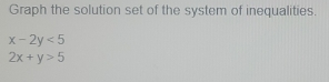Graph the solution set of the system of inequalities.
x-2y<5</tex>
2x+y>5