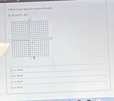 Which linear equation passes through
(0,0) and (1,-2)
y=-2x-4
y=2x+6
y=2x+4
y=2x-4