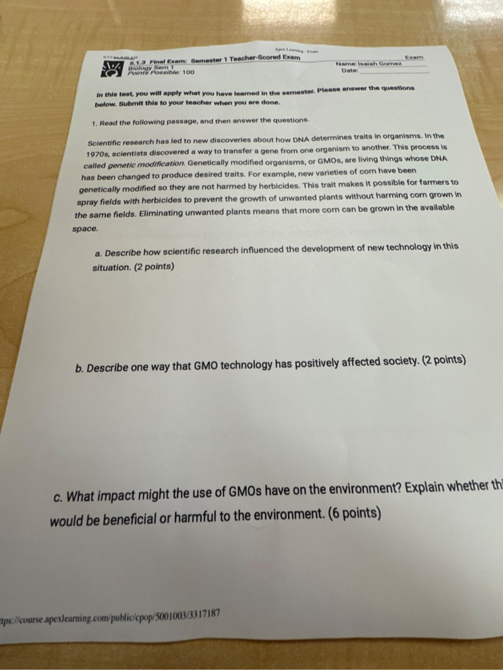 Solved: Apex Learning - Exam 51.3 Final Exam: Semester 1 Teacher-Scored ...