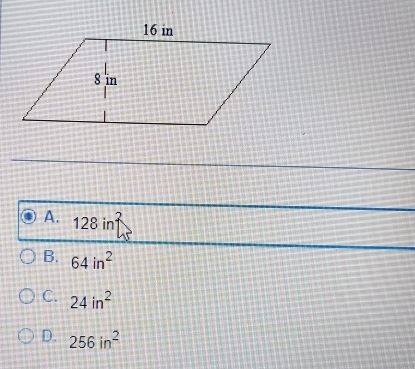 A. 128 in
B. 64in^2
C. 24in^2
D. 256in^2