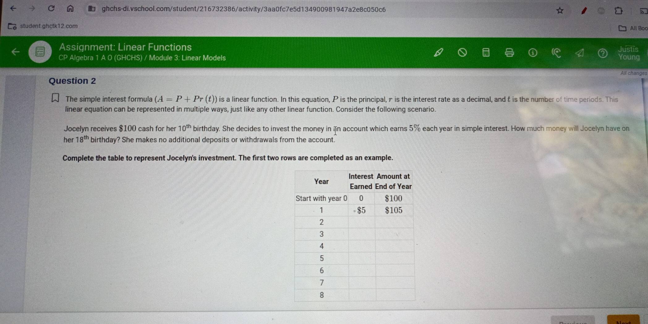 student.ghctk12.com 
All Boo 
Assignment: Linear Functions 
Justis 
CP Algebra 1 A O (GHCHS) / Module 3: Linear Models Young 
All changes 
Question 2 
The simple interest formula (A=P+Pr (t)) is a linear function. In this equation, P is the principal, γ is the interest rate as a decimal, and t is the number of time periods. This 
linear equation can be represented in multiple ways, just like any other linear function. Consider the following scenario. 
Jocelyn receives $100 cash for her 10^(th) birthday. She decides to invest the money in n account which earns 5% each year in simple interest. How much money will Jocelyn have on 
her 18^(th) birthday? She makes no additional deposits or withdrawals from the account. 
Complete the table to represent Jocelyn's investment. The first two rows are completed as an example.