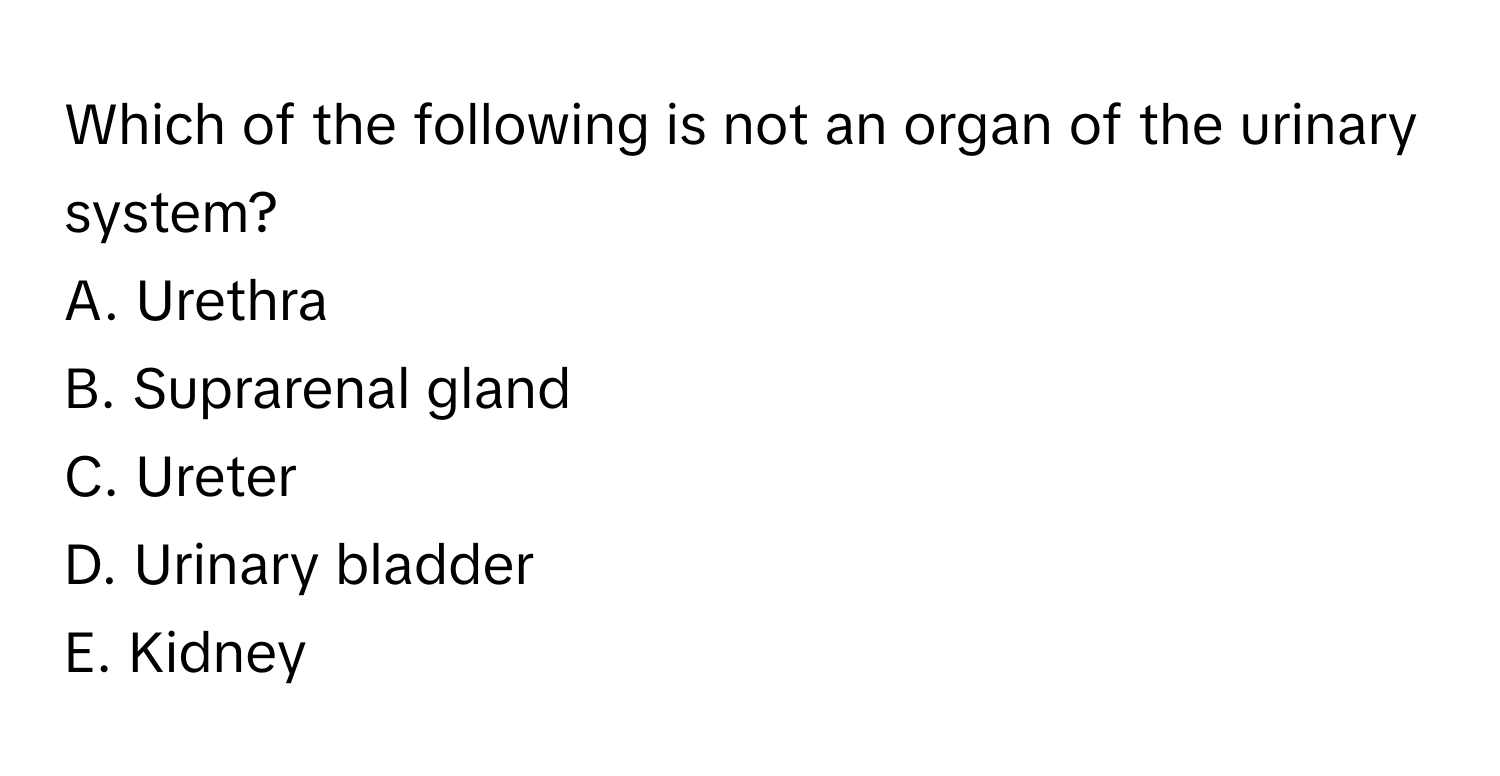 Which of the following is not an organ of the urinary system?

A. Urethra
B. Suprarenal gland
C. Ureter
D. Urinary bladder
E. Kidney