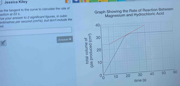 Jessica Kiley 
se the tangent to the curve to calculate the rate of 
ive your answer to 2 significant figures, in cubic Graph Showing the Rate of Reaction Between 
action at 22 s. 
entimetres per second (cm²/s), but don't include the Magnesium and Hydrochloric Acid 
nit. 40
Answer ◆ 30
20
10
00 10 20 30 40 50 60
time (s)