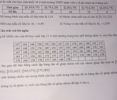 Chi đo mắt cho học sinh khối 10 ở một trường THPT nhân viên y tế ghi nhận lại ở bảng sau:
Số trung bình của mẫu số liệu trên là 1,14 . b) Nhóm chứa mốt của số liệu là [0,75;1,25).
Mốt của mẫu số liệu là M.=0.89. d) Trung vị của mẫu số liệu là M_r=1,039
Câu trắc trã lời ngắn
g kê chiều cao của 60 học sinh lớp 11 ở một trường trung học phổ thông (đơn vị: cm) thu đượ
* thu gọn dữ liệu bằng cách lập bảng tần số ghép nhóm  [1
55 );[155;165);[165;175),[175;185).
T ước lượng chiều cao trung bình của học sinh trong lớp học đó từ bảng tần số ghép nhón
l trung vị, tứ phân vị, mốt của bảng tần số ghép nhóm đã lập ở câu a.