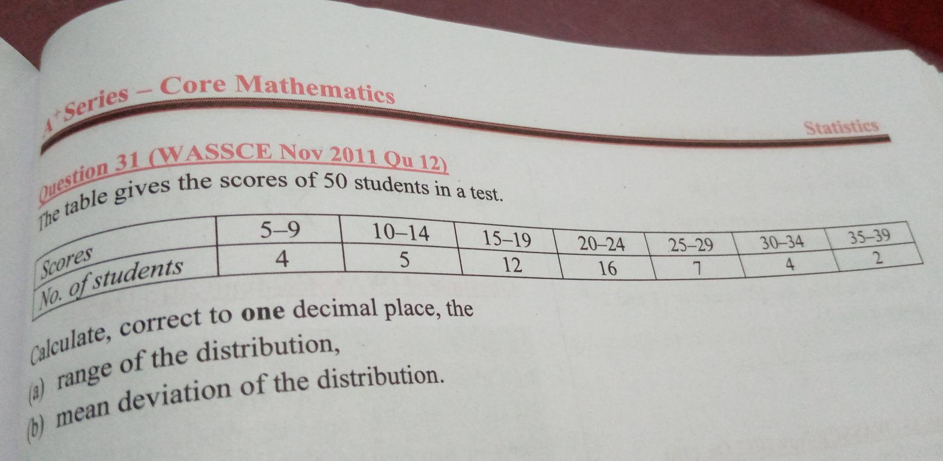 Series - Core Mathematics
Statistics
()uestion 31 (WASSCE Nov 2011 Qu 12)
ble gives the scores of 50 students in a test.
Calculate, correct to one decimal place, the
(a) range of the distribution,
(b) mean deviation of the distribution.