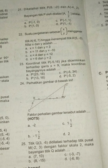 Tent
(6,8) 21. Diketahui titik P(6,-2) dan A(-4,2). put
Jav
rdinat
Matasi Bayangan titik P oleh dilatasi [A, 1/2  ]adalan 4. Titi
ko
, ,.
a. P'(-1,0) C. P'(-1,1)
Ja
b. P'(1,0) d. P'(1,-1) 5. P
22. Suatu pergeseran sebesar beginpmatrix x yendpmatrix menggeser
hadap
dalah tik A(-6,7) hingga menempati titik A'(5,-3).
51 Nilai x dan y adalah ....
a. x=1 dan y=3
b, x=11 dan y=-10
ar 90° C. x=4 dan y=12
an titik d. x=6 dan y=2 jika dicerminkan
23. Koordinat titik P(-5,16)
terhadap garis x=9 , maka koordinat
bayangannya adalah ...._
sikan a. P'(23,16) C. P'(-5,34)
skala b. P'(13,16) d. P'(-5,2) C. P
P
t
pusat 
maka
(5,0), (HOTS)
inkan
a. -2 C. 1 1/2 
5,4)
(5,-4) b. -1 1/2  d. 2
(-5,4)
(-5,-4) 25. Titik Q(3,-6) didilatasi terhadap titik pusat
besar M(-2,3) dengan faktor skala 2, maka
bayangan titik Q adalah ....
... (7,10) C. (-3,-7)
a.
b. (8,-15) d. (-6,8)