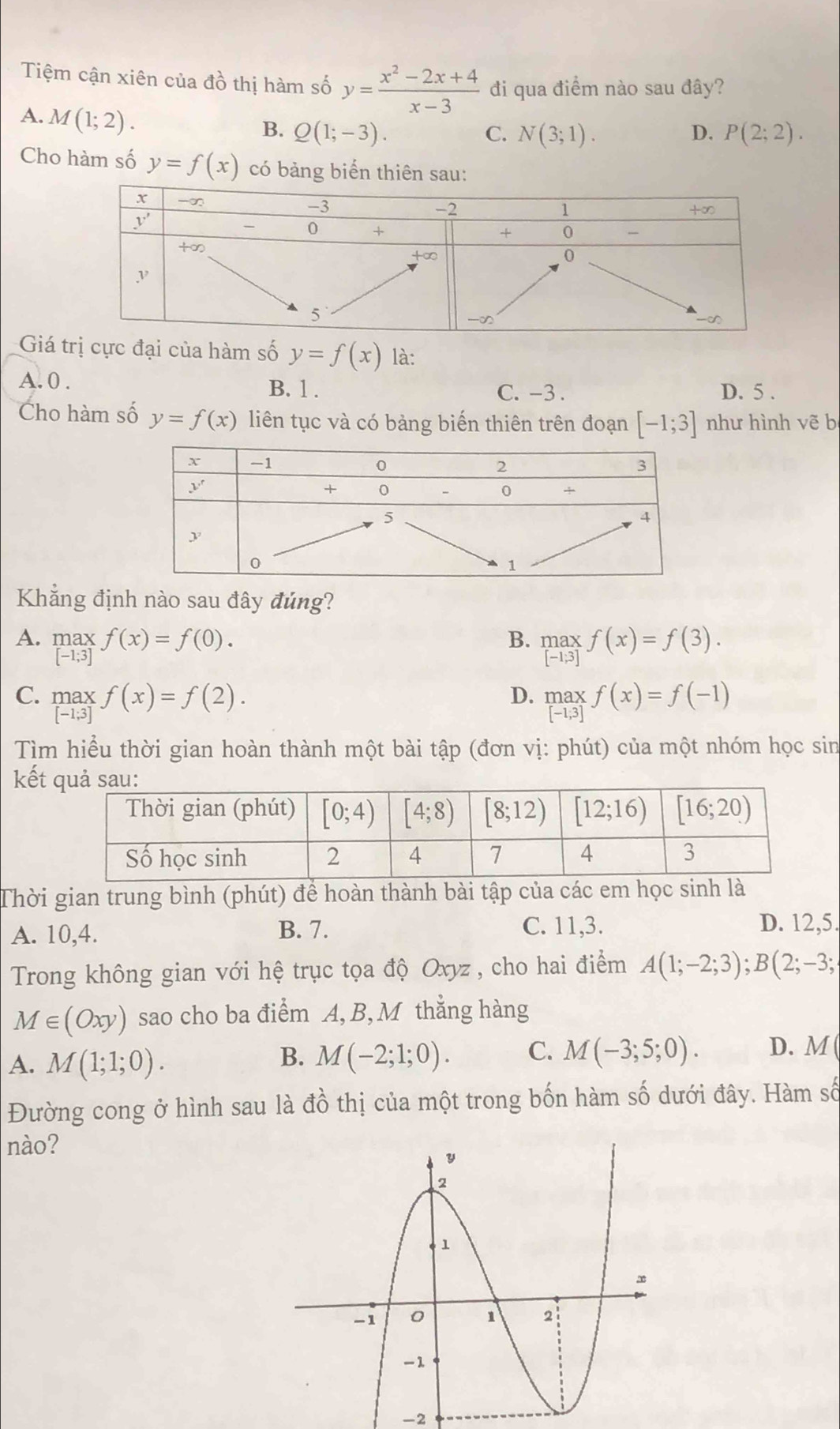 Tiệm cận xiên của đồ thị hàm số y= (x^2-2x+4)/x-3  đi qua điểm nào sau đây?
A. M(1;2).
B. Q(1;-3). C. N(3;1). D. P(2;2).
Cho hàm số y=f(x) có bảng biển thiên sau:
Giá trị cực đại của hàm số y=f(x) là:
A. 0 . B. 1 . C. -3 . D. 5 .
Cho hàm số y=f(x) liên tục và có bảng biến thiên trên đoạn [-1;3] như hình vẽ b
Khẳng định nào sau đây đủng?
A. .beginarrayr max [-1;3]endarray. f(x)=f(0). underset [ax[-1,3]f(x)=f(3).
B.
C. _[-1:endarray f(x)=f(x)=f(2). .beginarrayr max_[-1,3]f(x)=f(-1)
D.
Tìm hiểu thời gian hoàn thành một bài tập (đơn vị: phút) của một nhóm học sin
kết
Thời gian trung bình (phút) để hoàn thành bài tập của các em học sinh là
A. 10,4. B. 7. C. 11,3. D. 12,5.
Trong không gian với hệ trục tọa độ Oxyz , cho hai điểm A(1;-2;3);B(2;-3;
M∈ (Oxy) sao cho ba điểm A, B, M thắng hàng
A. M(1;1;0). M(-2;1;0). C. M(-3;5;0). D. M
B.
Đường cong ở hình sau là ở dhat o 6 thị của một trong bốn hàm số dưới đây. Hàm số
nào?
-2