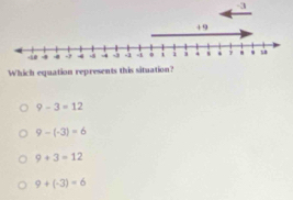 Which equation represents this situation?
9-3=12
9-(-3)=6
9+3=12
9+(-3)=6