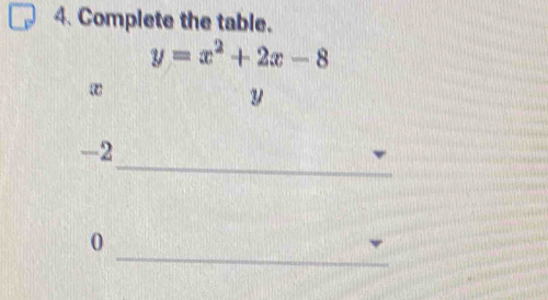 Complete the table.
y=x^2+2x-8
y
_
-2
_
0