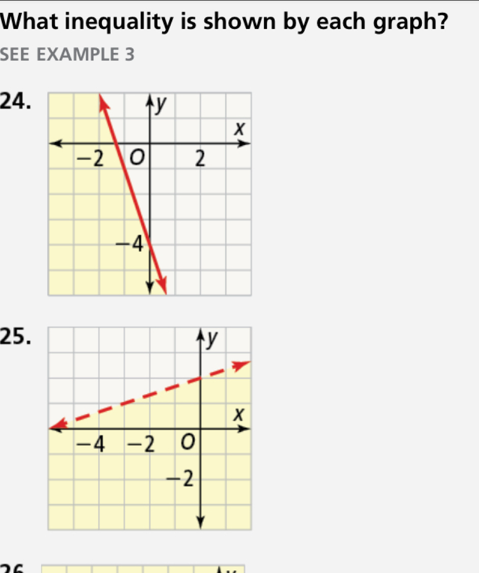 What inequality is shown by each graph? 
SEE EXAMPLE 3 
24. 
25.